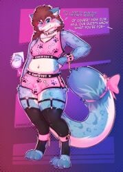 2026 accessory anthro athletic_wear balls bell big_tail blue_eyes blush blush_lines bodily_fluids bottomwear bow_ribbon breasts brown_hair bulge chastity_cage chastity_device choker clothing colored crop_top cuff_(restraint) curly_hair dialogue embarrassed english_text felid fishnet_clothing fishnet_topwear fluffy fur furgonomics garter genital_fluids genitals geometric_background gym_bottomwear gym_shorts gynomorph hair hand_on_hip hi_res hotpants intersex jewelry leaking_precum leg_garter legwear makeup mammal navel necklace nonbinary_(lore) pantherine penis pink_clothing precum precum_through_clothing restraints rhewlif rhewlif_(character) ribbons shaded shirt shorts shy simple_background snow_leopard solo standing tail tail_accessory tail_bow tail_ribbon text thick_thighs thigh_highs topwear trans_(lore) trans_woman_(lore) wet wet_clothing white_body white_fur wide_hips