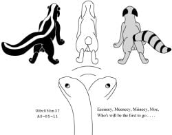 2000 balls choice dated deciding dialogue english_text feral genitals greyscale imminent_oral_vore imminent_vore lagomorph leporid looking_at_another male male_prey mammal mephitid monochrome multiple_prey procyonid rabbit raccoon rear_view reptile scalie simple_background skunk snake solo standing tail text unaware_prey unwilling_prey urbanhermit vore white_background willing_pred