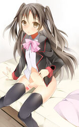 1boy bed blazer bottomless bow brown_eyes brown_hair censored little_busters! long_hair male male_only mimoton naoe_riki navel penis pillow school_uniform solo_male thighhighs two_side_up