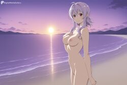 1girl ahoge ai_generated beach blush breasts closed_mouth completely_nude cowboy_shot digitalwaifugallery hand_on_own_chest hi_res high_quality high_resolution large_breasts looking_at_viewer medium_breasts navel nipples nude ocean outdoors patreon patreon_username purple_hair red_eyes seductive sexy sky smile solo standing sun sunset uncensored water watermark