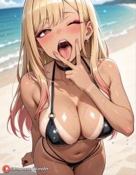 1girl ai_generated bare_shoulders beach bikini bikini_tan black_bikini black_choker blonde_hair blush breasts choker cleavage collarbone covered_nipples dark_skin day ear_piercing earrings fingernails gradient_hair gyaru jewelry kitagawa_marin large_breasts long_fingernails long_hair looking_at_viewer makeup multicolored_hair nail_polish navel o-ring ocean one_eye_closed open_mouth outdoors patreon_username piercing pink_nails red_eyes saliva solo sono_bisque_doll_wa_koi_wo_suru stomach swimsuit tan tanlines teeth thighs tongue tongue_out v water web_address wet wumpart