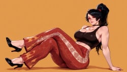 1girl 1girls ai_generated arm_support balecxi bare_shoulders black_choker black_footwear black_hair black_sports_bra black_tank_top breasts choker cleavage clothing collarbone crop_top crossed_legs curvaceous curvaceous_female curvaceous_figure curvy curvy_figure dead_or_alive female female_focus flared_penis footwear full_body high_heels high_ponytail inviting inviting_to_sex jewelry large_breasts lips long_hair looking_at_viewer makeup midriff momiji_(ninja_gaiden) navel ninja_gaiden orange_background pants parted_bangs parted_lips pink_lips ponytail presenting presenting_ass presenting_breasts presenting_hindquarters presenting_self pumps red_eyes red_lips red_pants seductive seductive_look seductive_smile shoes simple_background sitting smile solo sports_bra stiletto_heels tank_top thick_thighs thighs voluptuous voluptuous_female
