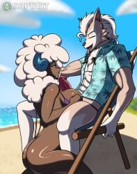 absurd_res animal_genitalia animal_penis anthro beach bodily_fluids breast_play breasts brown_body canine_genitalia canine_penis clothing cum cum_on_face duo ejaculation female fur generation_5_pokemon generation_7_pokemon genital_fluids genitals hi_res licking lycanroc male male/female midday_lycanroc muscular muscular_male nintendo one-piece_swimsuit oral penile penis penis_lick pokemon pokemon_(species) r3ptart sex sling_bikini swimwear titfuck tongue whimsicott white_body white_fur