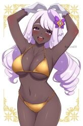 1girl :d alternate_breast_size_(larger) armpits arms_up bare_shoulders big_breasts bikini blush breasts chain chain_bikini collarbone commentary_request dark-skinned_female dark_skin game_freak gloves gold_bikini gold_swimsuit gold_swimwear golden_bikini golden_swimsuit golden_swimwear golden_week hat heart_arms highres jacinthe_(pokemon) large_breasts long_hair looking_at_viewer mega_stone mini_hat navel nintendo open_mouth pokemon pokemon_legends:_z-a pokemon_legends_z-a purple_eyes purple_hair smile solo stomach surippa1010 swimsuit teeth triangle_bikini_top upper_teeth_only very_dark_skin very_long_hair white_gloves