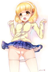 :o blonde_hair bow bow_panties breasts cardigan clothing female open_mouth panties panty_pull pleated_skirt precure pretty_cure pussy pussy_juice short_hair skirt skirt_lift small_breasts smile_precure solo tear uncensored underboob underwear white_panties yayoi_kise yellow_eyes youqiniang