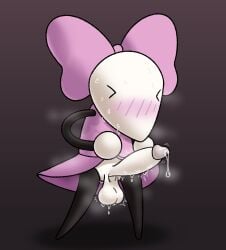 anthro blush bodily_fluids bow_ribbon clothed clothing dripping dukeofsnailplace eyes_closed genital_fluids genitals gynomorph heat_(temperature) hi_res intersex mozelle partially_clothed penis precum precum_drip regretevator solo standing sweat white_body