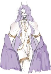 blush blushing_at_viewer blushing_male garter_belt garter_straps garters gold_jewelry horns jester_(the_freak_circus) jewelry long_hair looking_at_another looking_at_viewer looking_pleasured nude_male pale-skinned_male partially_clothed partially_clothed_male partially_undressed purple_clothing purple_eyes purple_hair solo solo_focus solo_male the_freak_circus