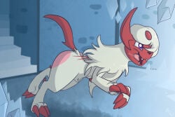 1_horn 2018 3:2 absol animal_genitalia artemis_the_absol black_nose blue_eyes bodily_fluids claws feral forehead_gem fuf fur gem generation_3_pokemon genitals hair hair_over_eye horn male nintendo open_mouth open_smile pokemon pokemon_(species) quadruped running saliva saliva_on_tongue sheath shiny_pokemon side_view smile solo teeth tongue tongue_out white_body white_fur