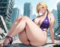 1girl ai_generated ass bandai_namco bare_shoulders blonde_hair blue_eyes blush breasts building cleavage closed_mouth collarbone day high_heels highleg knees_up large_breasts long_hair looking_at_viewer nina_williams one-piece_swimsuit one_eye_closed outdoors parted_bangs patreon_logo patreon_username ponytail purple_footwear sitting sky smile solo swimsuit tekken tekken_8 thick_thighs thighs wumpart