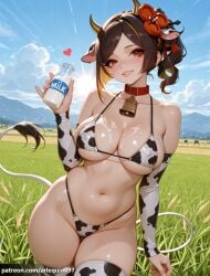 1girl ai_generated animal_ears animal_print arlequin097 bare_shoulders bell bikini blonde_hair blush bottle breasts brown_hair chiori_(genshin_impact) cleavage collar collarbone colored_inner_hair covered_nipples cow_ears cow_girl cow_horns cow_print cow_print_bikini cow_tail cowbell cowboy_shot day detached_sleeves drill_hair field flower genshin_impact grass grin hair_flower hair_ornament heart highleg highleg_bikini holding holding_bottle horns large_breasts lips looking_at_viewer medium_hair micro_bikini mihoyo milk milk_bottle mole mole_under_eye mountainous_horizon multicolored_hair navel neck_bell outdoors parted_lips print_bikini print_sleeves print_thighhighs red_collar red_eyes side_drill side_ponytail skindentation smile solo stomach strap_gap string_bikini suggestive_fluid sun swimsuit tail thick_thighs thighhighs thighs two-tone_hair wide_hips