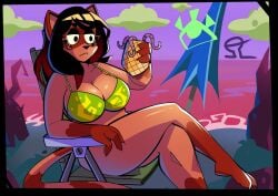 alvh_omega anthro beach beach_background beach_chair beach_umbrella big_ass big_breasts black_hair bra brown_body claws color crossed_legs drinking_glass female_only furry_female hi_res kazuyo_(alvh_omega) looking_down mammal original_character serious_look tanuki tanuki_girl tanuki_humanoid thick_thighs voluptuous wide_hips