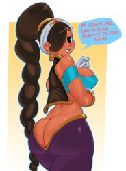 1girl arabian_clothes ass ass_crack back bare_shoulders big_ass blush braid braided_ponytail breasts brown_eyes butt_crack capcom dark-skinned_female dark_skin dimples_of_venus earrings gloves hair_ornament hair_over_one_eye highres jewelry large_breasts long_hair mddnaz power_stone rouge_(power_stone) shiny_skin very_long_hair