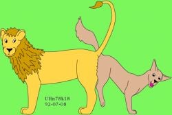1992 anal anal_knotting anal_penetration ass_to_ass brown_body brown_fur canid canine dated duo felid feral feral_on_feral feral_penetrated feral_penetrating feral_penetrating_feral fur grass green_background knot_hanging knotting larger_sub lion looking_back male male/male male_penetrated male_penetrating male_penetrating_male mammal obscured_penetration pantherine penetration penile penile_penetration plant reverse_doggystyle sex simple_background size_difference smile submissive toony urbanhermit yellow_body yellow_fur