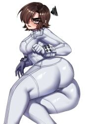 1girls 2d angry ass blush brown_hair evie_(stellar_blade) freckles huge_ass laying_on_side rageman709 shift_up stellar_blade tomboy white_bodysuit
