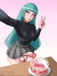 balls ballsack birthday birthday_cake blue_hair bunyyart cake clothed clothing commission commission_art cum cumming erection futa_only futanari pale_skin pink_eyes skirt skirt_lift skirt_up