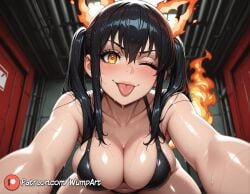 1girl ;p ai_generated bare_shoulders bikini black_bikini black_hair blush breasts cleavage collarbone en'en_no_shouboutai enen_no_shouboutai fire fire_force hair_between_eyes indoors kotatsu_tamaki large_breasts long_hair looking_at_viewer navel one_eye_closed orange_eyes patreon_logo patreon_username pov sidelocks smile solo sweat swimsuit tail tamaki_kotatsu tongue tongue_out twintails web_address wet wumpart