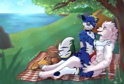 albino_lion anthro artywolf bluefiger bodily_fluids canid canine canis cuddling duo felid feline felis fizzel frottage genital_fluids genitals grass hi_res knot knotted_penis lake lion looking_at_another male male/male mammal pantherine penile penis penises_touching picnic plant precum sex tongue tongue_out tree wolf