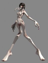 3d aqua_eyes barefoot body_horror breasts brown_hair calne_ca chelicerae compound_eyes creepy female fingers grey_skin heterochromia highres hip_bones maeda_koutarou medium_breasts midriff nail_polish nightmare_fuel nude red_eyes ribs shadow short_hair skinny solo zombie