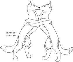 1978 20th_century ancient_art animal_genitalia balls black_and_white canid canine dated duo eye_contact female feral fox fox_tail fur genitals hug kiss_on_lips kissing looking_at_another low_res male male/female mammal monochrome on_hind_legs sheath simple_background standing tail toony urbanhermit white_background