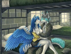 2012 anthro artik_ninetails breast_fondling breasts canine dog_tags female fondling fox fur furry kacey kissing male multiple_tails piercing sitting skimpy straight wings wolf