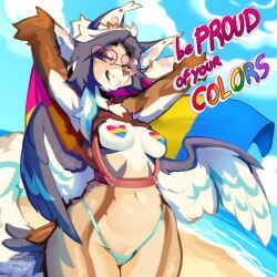 1:1 2026 absurd_res anthro avian barely_visible_genitalia barely_visible_vulva beach biped bird breasts cloud cocoline_(artist) day digital_drawing_(artwork) digital_media_(artwork) domestic_cat ear_piercing eyewear feathers felid feline felis female feryn_(cocoline) flag front_view fur genitals glasses hair heart-shaped_sunglasses hi_res hybrid lgbt_pride looking_at_viewer mammal navel outside pansexual_pride_colors pasties piercing pride_colors sea sky smile solo standing tail teeth vulva water wings