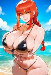 ai_generated ass beach bikini bikini_bottom bikini_top black_bikini breasts breasts_focus chainsaw_man curvy curvy_figure huge_breasts makima_(chainsaw_man) ponytail red_hair smiling_at_viewer