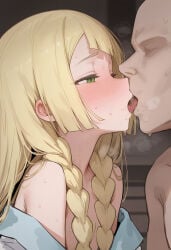 1girls ai_generated bangs blonde_female blonde_hair braided_hair braids breasts breasts_out cute green_eyes half-dressed innocent kissing lillie_(pokemon) myuto older_male pokemon pokemon_sm white_dress young younger_female
