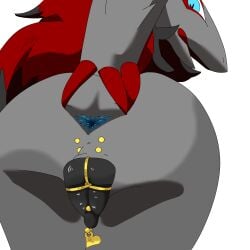 1:1 absurd_res anal_only animal_genitalia animal_vulva anthro anus canine_genitalia canine_vulva chastity_device chastity_piercing female generation_5_pokemon genital_outline genital_piercing genitals hi_res nintendo piercing pokemon pokemon_(species) presenting solo spread_anus spreading star_cookie toony vulva zoroark
