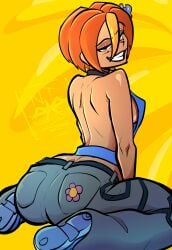 1girl absurdres artist_name artist_request ass backless_outfit backless_shirt blonde_hair breasts brown_eyes butterfly_(planetronika) butterfly_hair_ornament commentary crop_top denim dimples_of_venus flower grin hair_ornament halter_shirt halterneck highres jeans looking_at_viewer looking_back medium_breasts multicolored_hair orange_hair pants planetronika shoes short_hair sideboob sitting smile sneakers solo wariza