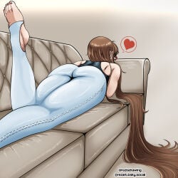 1girl absurdly_long_hair ass bare_shoulders barefoot brown_hair couch denim feet feet_up from_behind glasses heart jeans leg_up legs long_hair lying meme meme_reference nail_polish on_couch on_stomach pants red-framed_eyewear red_nails rezart solo sophia_(rezart) spoken_heart stirrup_legwear thick_thighs thighs toeless_legwear toenail_polish toenails toes very_long_hair