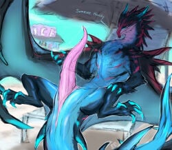2026 animal_genitalia animal_penis anus bai_(laobai) beach big_penis black_body black_fur blue_body blue_eyes blue_horn blue_scales bodily_fluids claws colored digital_drawing_(artwork) digital_media_(artwork) dragon dragon_bai_(laobai) english_text erection feral fur genital_fluids genital_slit genitals hi_res horn huge_penis ice_cream_stand laobai lying male male_feral multicolored_body mythological_creature mythological_scalie mythology on_back penis pink_penis pool_chair public red_body red_fur sand scales scalie shaded sitting solo spikes spikes_(anatomy) spread_legs spreading store tail tailbutt tapering_penis text umbrella vein veiny_penis wet wet_penis wings