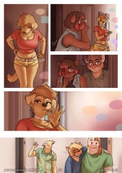 anthro big_breasts bird_dog bracelet breast_drop cellphone clara_(meesh) domestic_dog ear_piercing expressionless female golden_retriever golden_retriver jacob_(meesh) jewelry looking_at_viewer mammal meesh nipple_piercing phone piercing pussy
