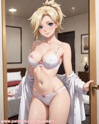 1girl ai_generated aianoart bed blonde_hair blue_eyes bow bow_panties bra breasts collarbone cowboy_shot door indoors looking_at_viewer mercy mercy_(overwatch) navel nipples off_shoulder open_clothes open_shirt overwatch overwatch_2 panties ponytail shirt smile solo underwear white_bra white_panties white_shirt