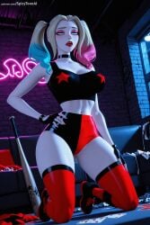 1girl ai_generated bare_shoulders blonde_hair blue_eyes blue_hair bracelet breasts choker dc_comics eyeshadow fingerless_gloves gloves gradient_hair hand_on_hip harley_quinn hi_res high_quality high_resolution kneeling large_breasts lipstick looking_at_viewer makeup midriff multicolored_hair one_knee patreon patreon_username pink_hair red_legwear seductive sexy short_shorts shorts solo spicytoonai spiked_bracelet spikes thighhighs twintails uncensored watermark