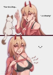 1girls 2026 2d big_breasts black_bra blonde_female blonde_hair blush bra bra_strap bra_strap_is_showing_(meme) breasts cat chainsaw_man cleavage clothes_lift demon demon_girl demon_horns english_text eyelashes fangs female female_focus female_only hair hair_between_eyes hi_res horns lifting_own_clothes light-skinned_female light_skin long_hair mambolina meme meowy_(chainsaw_man) open_mouth patreon patreon_username power_(chainsaw_man) red_horns sharp_teeth shirt shirt_lift shirt_lifted_by_self simple_background smell solo solo_female solo_focus tagme text watermark white_cat yellow_eyes
