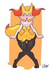 animated anthro blush bodily_fluids braixen breasts canid canine female female_anthro fur generation_6_pokemon genital_fluids genitals humanoid inner_ear_fluff looking_pleasured mammal nintendo nipples pink_nipples pokemon pokemon_(species) sheor small_breasts solo tail tail_motion tailwag teeth tongue tuft vaginal_fluids vulva wet yellow_body yellow_fur