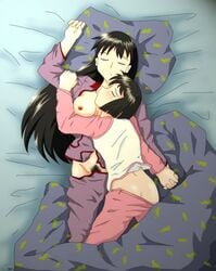 2girls azumanga_daiou bed black_hair breasts brown_hair clothing female female_only hand_holding human interlocked_fingers kaorin long_hair medium_breasts multiple_females multiple_girls open_clothes open_shirt pajamas pubic_hair s2x sakaki yuri