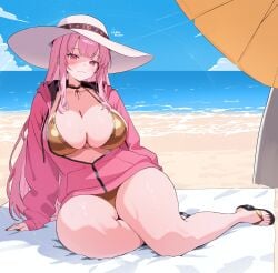 1girl beach bikini blue_sky blush breasts cleavage closed_mouth cloud cloudy_sky collarbone commentary day highres hololive hololive_english hood hoodie huge_breasts long_hair long_sleeves looking_at_viewer mori_calliope o-rindou5100 ocean outdoors pink_eyes pink_hair pink_hoodie sand sky smile solo swimsuit thighs virtual_youtuber yellow_bikini