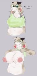 anthro belly big_breasts bovid bra bra_strap_showing_(meme) breasts caprine clothed clothing clothing_pull comic dialogue english_text eyewear female floppy_ears fur glasses goat hi_res horn inverted_nipples mammal markings meme nipples partially_clothed raised_clothing raised_shirt raised_topwear rals ralseibutbigger shirt spots spotted_body spotted_fur tan_body tan_fur text tongue tongue_out topwear underwear