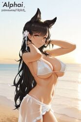 1girl 2025 2026 4k absurd_res absurdres ai ai-created ai-generated ai_art ai_assisted ai_generated alphai anime atago_(azur_lane) azur_lane beach black_hair blushing cinematic_lighting close-up colorful_background cowboy_shot depth_of_field detailed_hair detailed_skin detailled_background dramatic_shadows dynamic_pose exposed_stomach extra_ears eyelashes eyeliner female_face hair_flower heeled_sandals high_quality high_resolution highres large_breasts looking_at_viewer mole_under_eye naughty_face particles patreon patreon_link patreon_url patreon_username raised_eyebrows seductive_eyes smile solo swept_bangs very_long_hair volumetric_lighting watermark white_bikini white_sarong yellow_eyes
