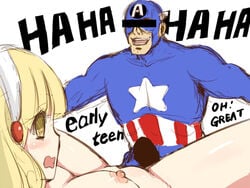 1boy 1girls areola blonde_hair breasts captain_america captain_america_(series) censored clothing crossover eastern_and_western_character hairband imminent_rape imminent_sex marvel mask nipples niwatori_kokezou nude open_mouth penis precure pretty_cure scared small_breasts smile_precure steve_rogers thighs what yayoi_kise yellow_eyes