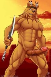 1boy anthro balls bear erection furry kazat knife male male_only muscles nude penis solo tribal