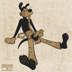 2026 3_toes 4_fingers anthro balls barefoot bendy_and_the_ink_machine black_body black_fur black_nose boris_the_friendly_wolf canid canine canis clothing erection feet fingers fur genitals gloves handwear hi_res hindpaw humanoid_hands jackaloo male mammal overalls paws penis solo toes tongue tongue_out wolf