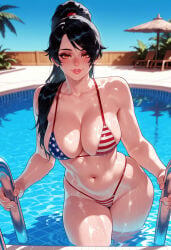 1girl 1girls ai_generated american_flag american_flag_bikini american_flag_print american_flag_swimsuit artist_name balecxi bare_shoulders beach_chair bikini black_hair blue_sky blush breasts cleavage clothing collarbone curvaceous curvaceous_female curvaceous_figure curvy curvy_figure day dead_or_alive female female_focus female_only flag_print flag_print_bikini flag_print_swimsuit hair_over_shoulder high_ponytail highleg highleg_bikini inviting inviting_to_sex large_breasts lips long_hair looking_at_viewer makeup mature_female mole momiji_(ninja_gaiden) navel ninja_gaiden orange_eyes outdoors parted_bangs parted_lips partially_submerged ponytail pool pool_ladder poolside presenting presenting_ass presenting_breasts presenting_hindquarters presenting_pussy presenting_self print_bikini seductive seductive_look seductive_smile shiny_skin sky smile solo stomach swimsuit thick_thighs thighs two-tone_bikini voluptuous voluptuous_female water wet wet_hair