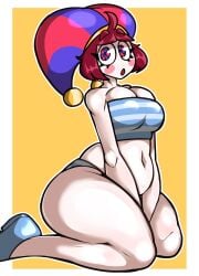 adorable big_breasts bikini blush brown_hair captain_dagon color cute dagon789 exposed_breasts female_only glitch_productions hat hi_res kneeling looking_at_viewer multicolored_eyes pomni_(beach_outfit) pomni_(the_amazing_digital_circus) short_hair solo_female the_amazing_digital_circus thick_thighs voluptuous white_body wide_hips