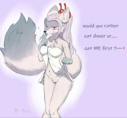 anthro blush canid canine canis english_text female genitals hakuro_(onmyoji) hi_res looking_at_viewer mammal presenting solo teasing teasing_viewer text towel towel_only towel_wrap vulva wolf