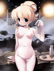 :p blonde_hair blue_eyes blush breasts copyright_request female jiji_(aardvark) nipples onsen sake sitting tongue tray wakamezake