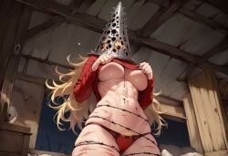 1girls abs ai_generated barbed_wire bleeding blonde_hair blood breasts clothed clothes clothing cuts face_covered female helmet horror horror_(theme) large_breasts lifting_shirt lifting_sweater long_hair messy_hair muscles muscular muscular_female original original_character paigen pubes ribbed_sweater scratches spiked_helmet spikes sweater toned_body underboob