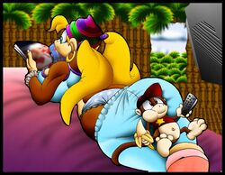 1boy 1girls alternate_body_type anthro ass banana big_ass big_breasts blonde_hair bottomless breasts chimpanzee clothes covered_breasts diddy_kong donkey_kong_(series) female fur furry hair indoors kong male monkey monkey_girl nintendo remote television tied_hair tiny_kong twintails virus-20