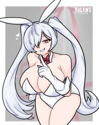 1girls artist_logo artist_name bow bowtie bowtie_collar bunny bunny_costume bunny_ears bunny_girl bunny_tail bunnygirl bunnysuit cinderella_(nikke) clevage gloves goddess_of_victory:_nikke hair_covering_eye heart hearts lipstick looking_at_viewer nikke ponytails red_eyes shush shushing silenttandem smile smiling smiling_at_viewer twintails white_bunny_ears white_bunnysuit white_hair
